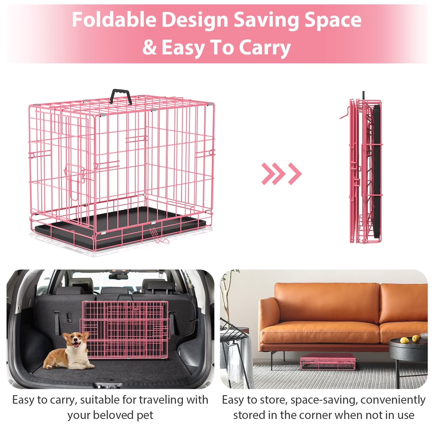 18 Inch Small Dog Crate, Metal Wire Folding Dog Kennel Cage with Leak-Proof Pan, Portable Puppy Crate Cage for Small Dogs, Pink