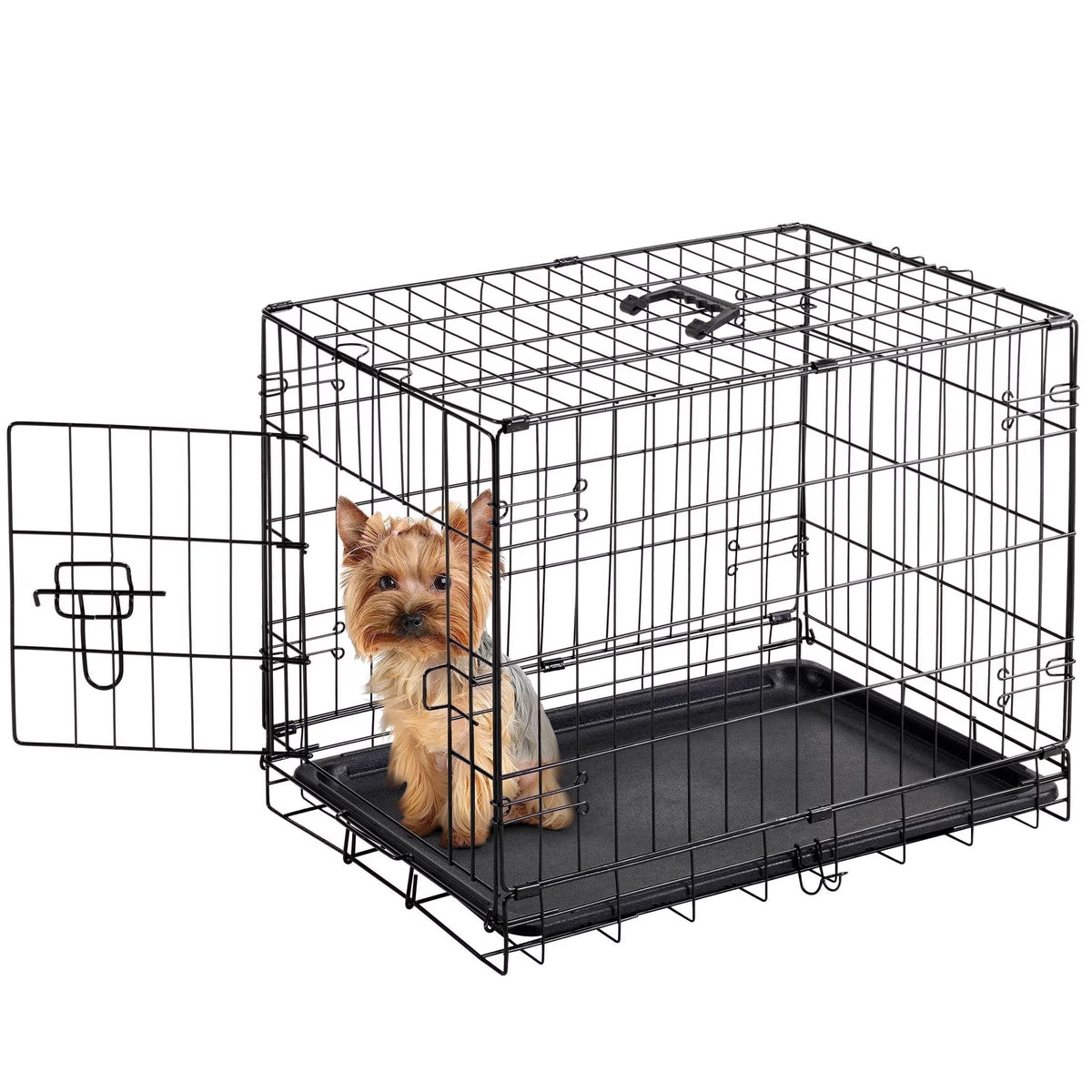 Small Dog Crate, 24" Single Door Folding Metal Wire Dog Cage with Plastic Leak-Proof Pan Tray