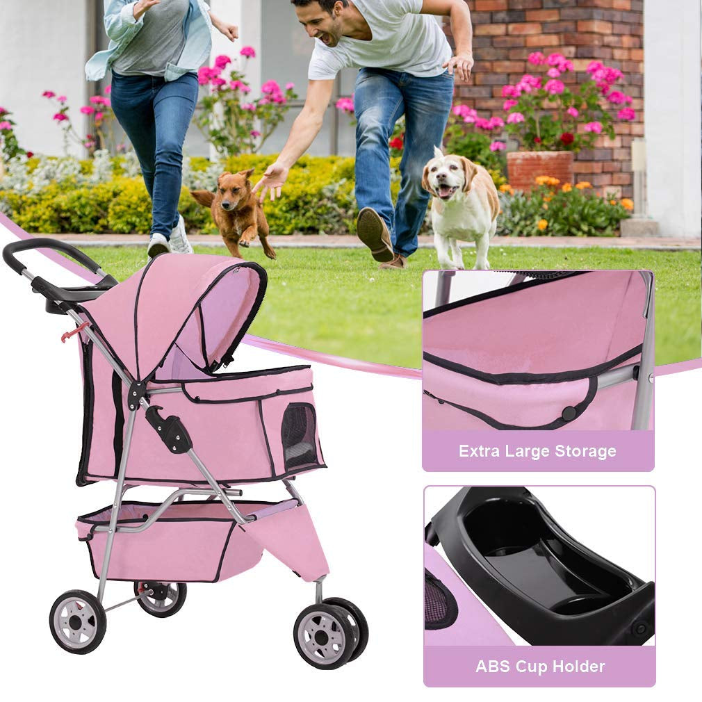 3 Wheels Pet Dog Stroller Cat Cage for Medium Small Dogs Cats Travel Folding Carrier Waterproof Puppy Stroller with Cup Holder & Removable Liner,Pink