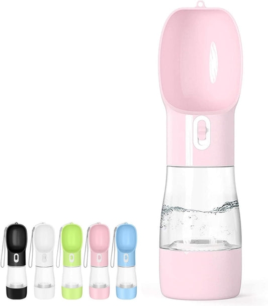 Portable Dog Water Bottle - Leak Proof Dog Water Dispenser with Bowl & Food Container, Dishwasher Safe Food Grade Plastic for Pet Puppy Outdoor Walking Hiking Travel Pink