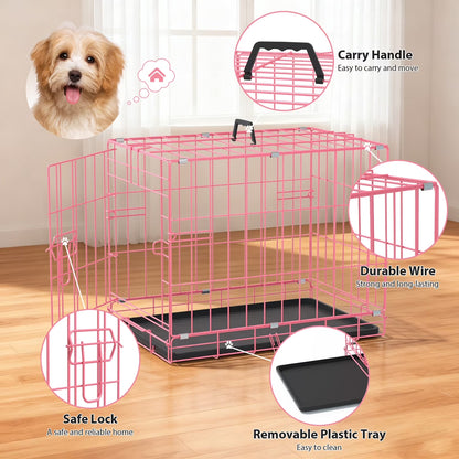 18 Inch Small Dog Crate, Metal Wire Folding Dog Kennel Cage with Leak-Proof Pan, Portable Puppy Crate Cage for Small Dogs, Pink