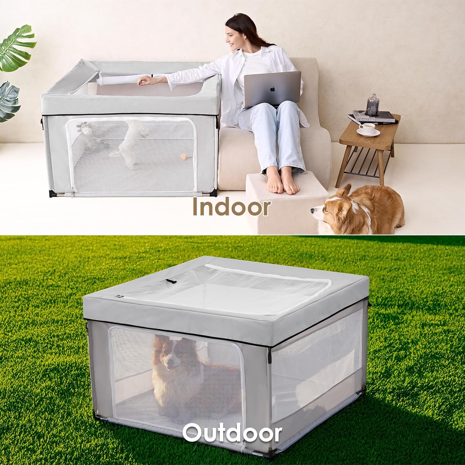 42X42X26 Dog Playpen with Top Cover for Dogs & Cats, Sliver Grey