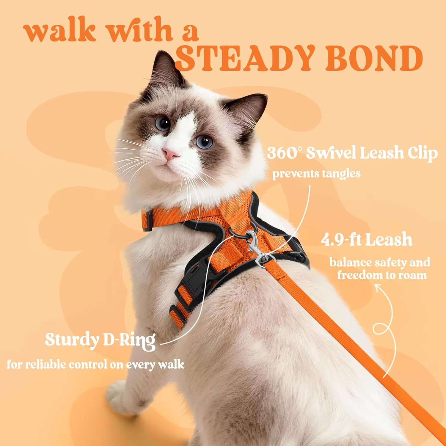Cat Harness and Leash for Walking, Escape Proof Soft Adjustable Vest Harnesses for Cats, Easy Control Breathable Reflective Strips Jacket, Orange