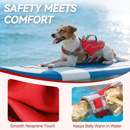 Neoprene Dog Life Vest, Dog Life Jacket for Swimming & Boating, Buoyancy & Comfort for Puppy Doggy, Swimming Vest with Handle, M, Red