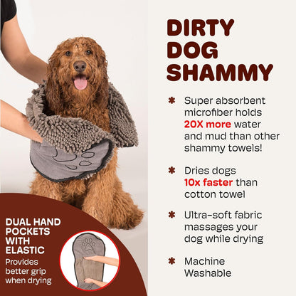 the Dirty Dog Shammy - Antimicrobial Microfiber Dog Towel for Odor Control, Fast-Drying Plush, Dual Hand Pockets & Elastic, Super Absorbent, Machine Washable, 31 X 13 In, Grey