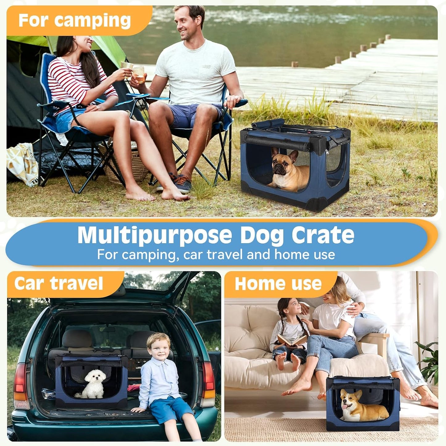 24 Inch Small Dog Crate - for Small Dogs, Portable Travel Pet Crate with 4 Mesh Doors, Foldable Car Kennel for Puppy with Handle for Indoor and Outdoor, Bule