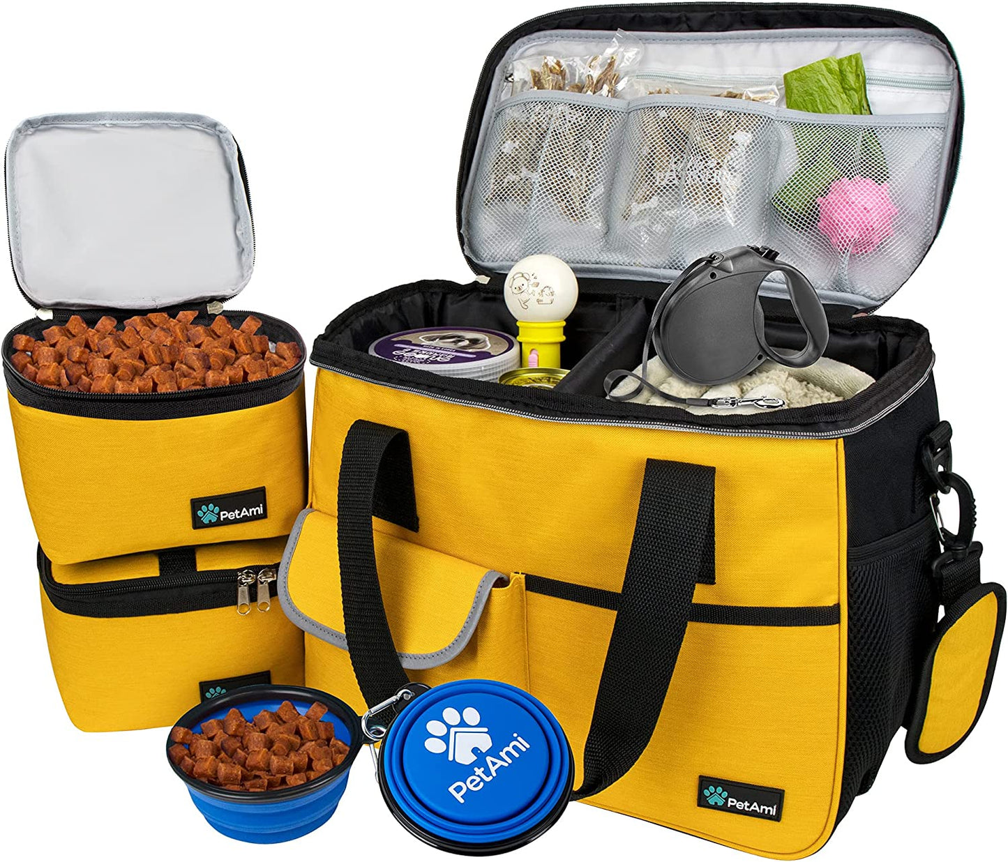 Dog Travel Bag, Travel Pet Bag Organizer, Dog Food Travel Bag with Container Collapsible Bowls, Pet Travel Supplies Gift Accessories for Weekend Camping, Puppy Cat Diaper Bag, Yellow Medium