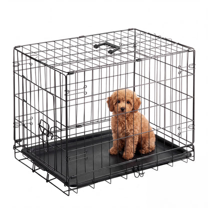 Small Dog Crate, 24" Single Door Folding Metal Wire Dog Cage with Plastic Leak-Proof Pan Tray