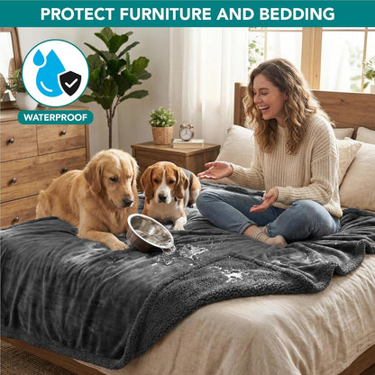 Waterproof Dog Blanket for Couch, Queen 90X90, Pee Proof Sherpa Fleece Reversible Pet Throw, Furniture Protector for Bed Sofa, Soft Washable Cover for Large Dogs Cats, Grey Sherpa