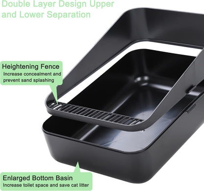 Premium Black Open-Top Cat Litter Box – High Sides, Sifting Design, Leak-Proof & Odor-Reducing, Easy-Clean Removable Liner for Cats up to 8 lbs