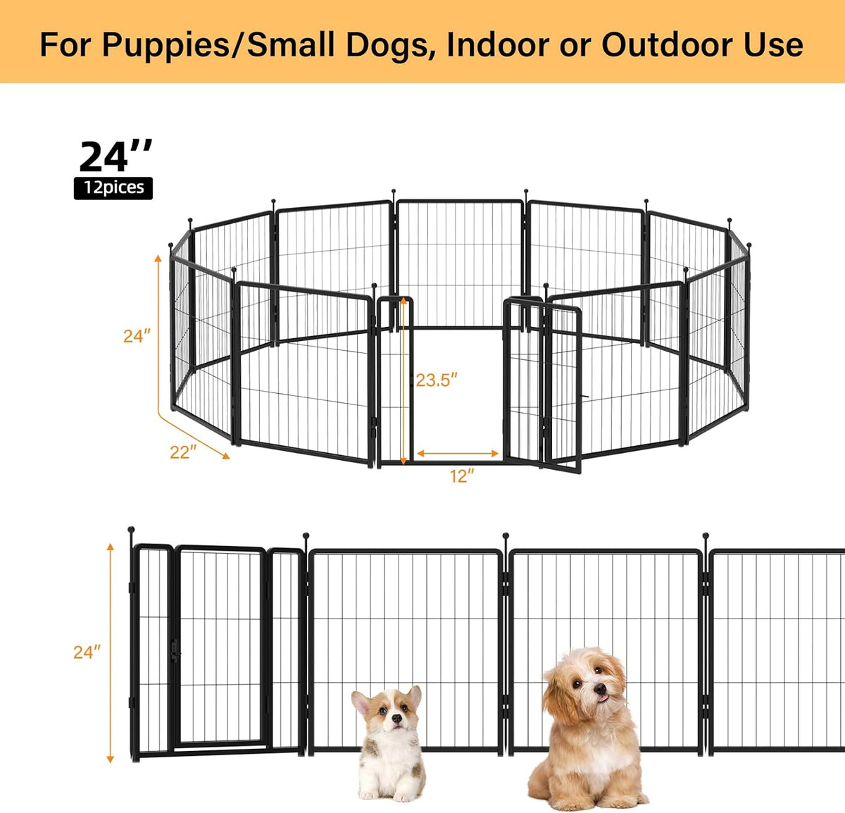 Dog Playpen Indoors/Outdoor, 24 Inch 12 Panels Dog Play Pen for Small Dogs, Rustproof Metal Pet Fence for RV Camping/Yard/Garden