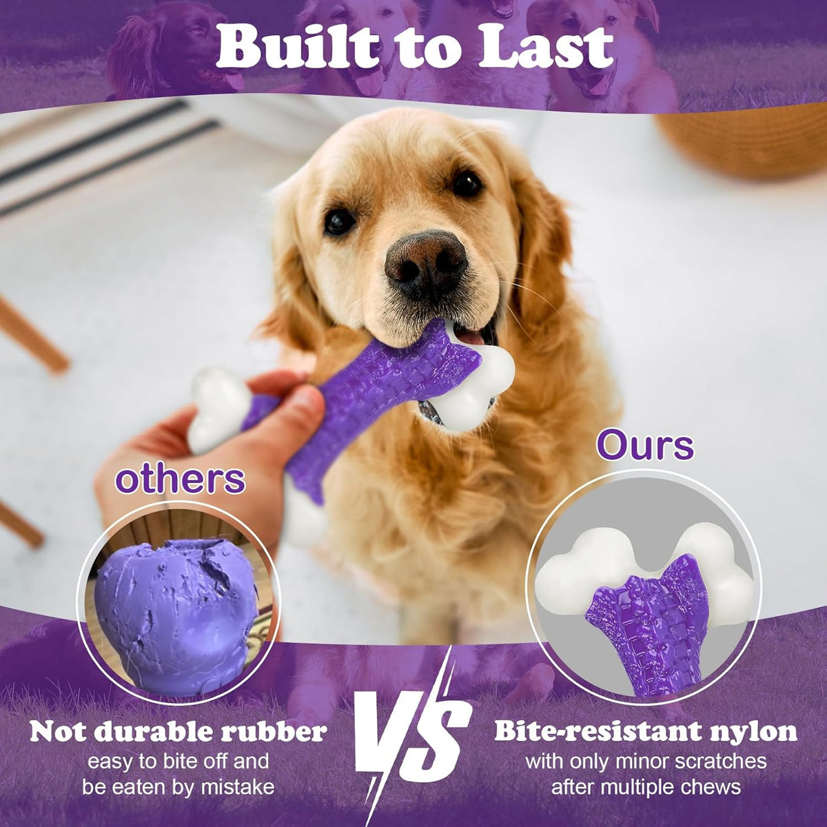 2-Pack Indestructible Dog Toys for Aggressive Chewers: Bacon Flavored Hard Nylon Bone Chew Toys, Tough Dog Chew Toys for Large Dogs, Dog Toys to Keep Them Busy for Medium Large Breed, Purple