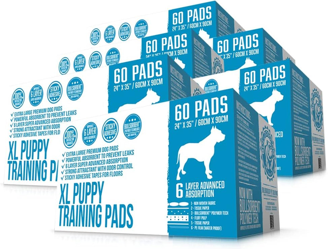 Bulldogology Puppy Pee Pads XL with Adhesive Sticky Tape - Extra Large Dog Training Wee Pads (24X35) 6 Layers with Extra Quick Dry Bullsorbent Polymer Tech (360-Count, White)