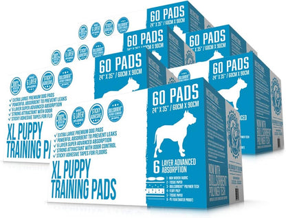 Bulldogology Puppy Pee Pads XL with Adhesive Sticky Tape - Extra Large Dog Training Wee Pads (24X35) 6 Layers with Extra Quick Dry Bullsorbent Polymer Tech (360-Count, White)