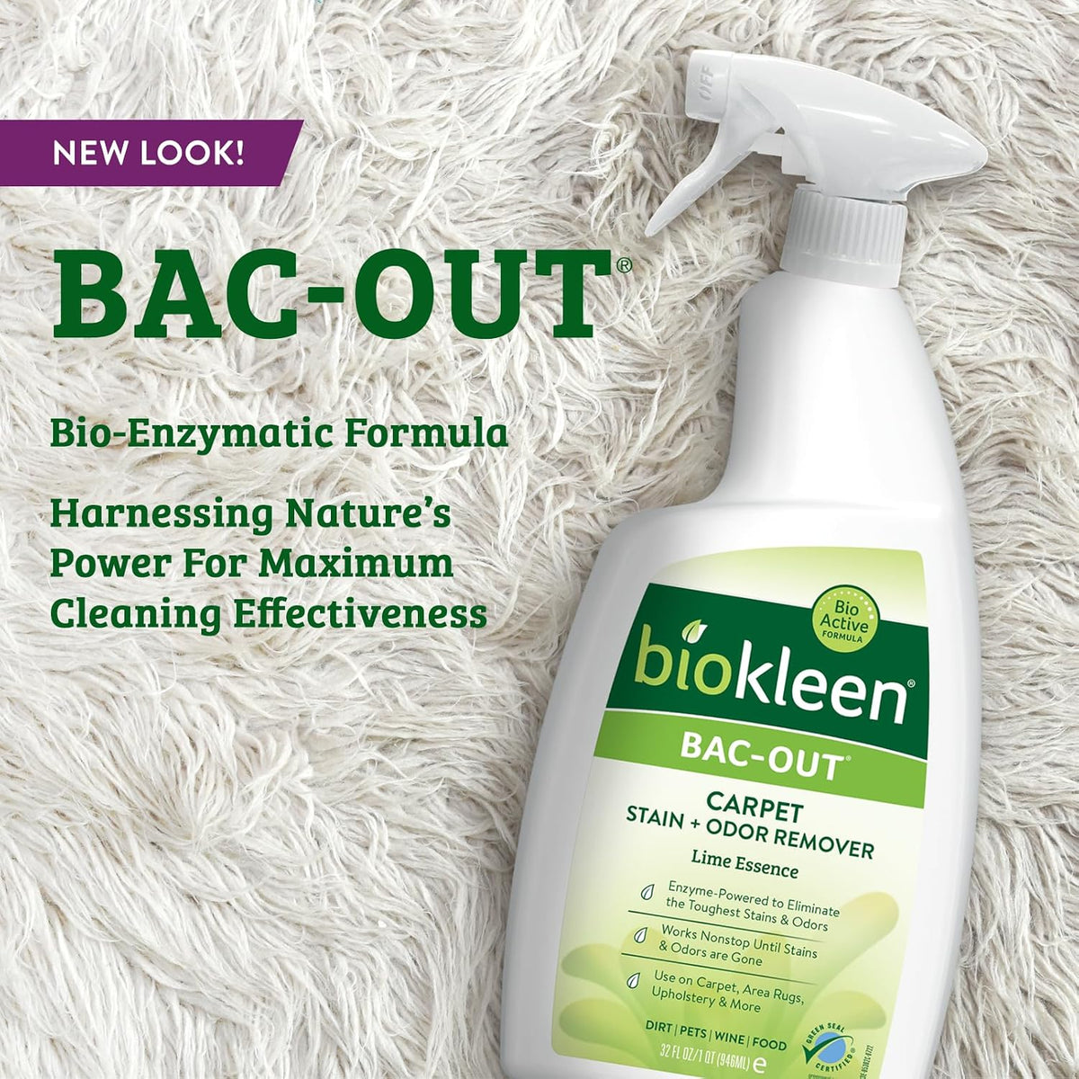 Bac-Out Stain Remover for Clothes & Carpet - 32 Ounce - Natural, Enzymatic, Destroys Stains & Odors Safely, for Pet Stains, Laundry, Diapers, Wine, Carpets, Eco-Friendly, Plant-Based