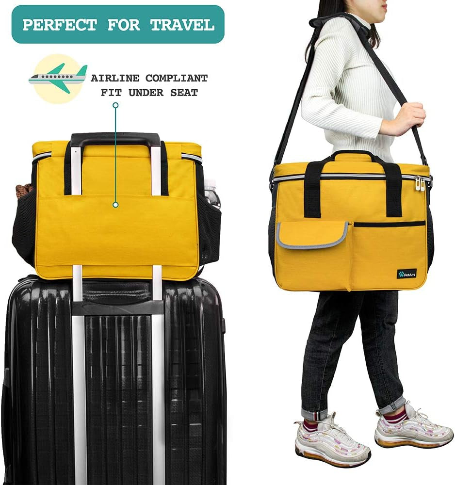 Dog Travel Bag, Travel Pet Bag Organizer, Dog Food Travel Bag with Container Collapsible Bowls, Pet Travel Supplies Gift Accessories for Weekend Camping, Puppy Cat Diaper Bag, Yellow Medium