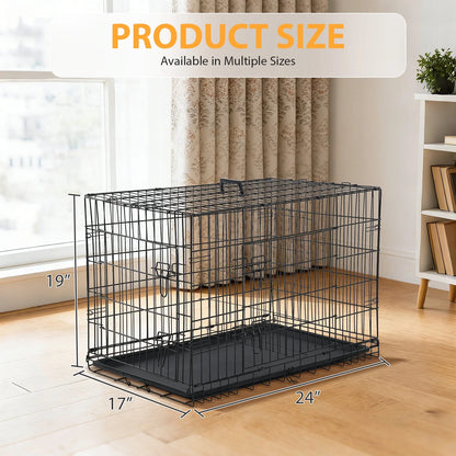 Small Wire Dog Crate, Folding Metal Dog Kennel Double Door Dog Cage with Plastic Tray, Puppy Crate for Small Dog Indoor Outdoor Travel (Black, 24 Inch)