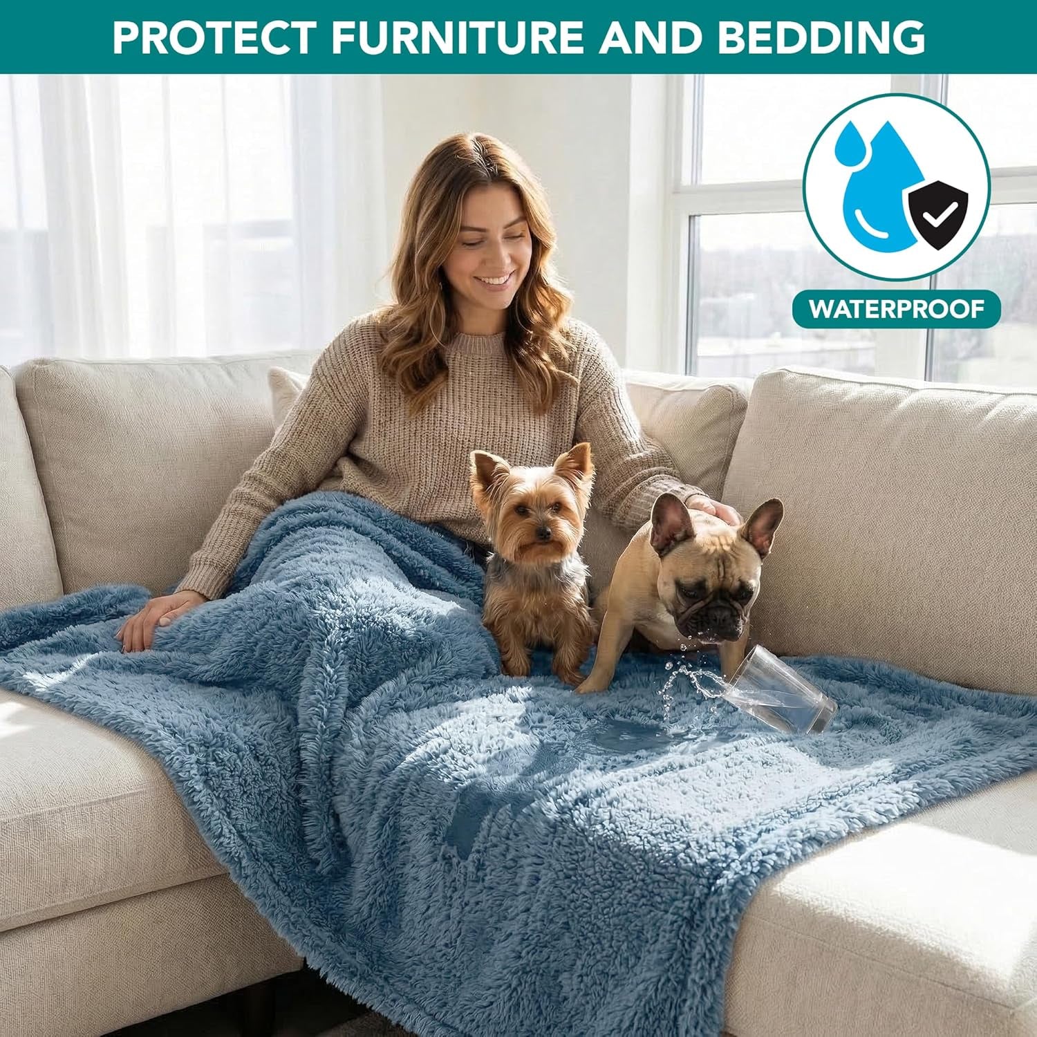 Fluffy Waterproof Dog Blanket for Couch and Bed, Reversible Sherpa Pet Throw, Pee Proof Furniture Protector Sofa Cover, Washable Cat Blanket for Small Medium Dogs and Cats (Dusty Blue, 29X40)