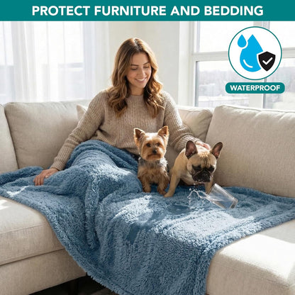 Fluffy Waterproof Dog Blanket for Couch and Bed, Reversible Sherpa Pet Throw, Pee Proof Furniture Protector Sofa Cover, Washable Cat Blanket for Small Medium Dogs and Cats (Dusty Blue, 29X40)