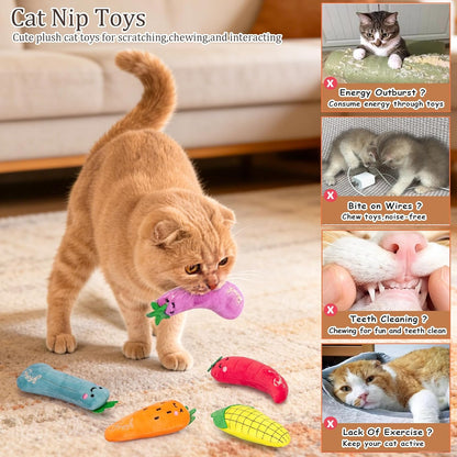 Catnip Cat Toys, 5 Pack, Plush Catnip Toys for Indoor Cats Kitty, Interactive Cat Nip Kitten Kicker Chew Safe Teeth Cleaning Toys, Fun Carrot Vegetable Shape