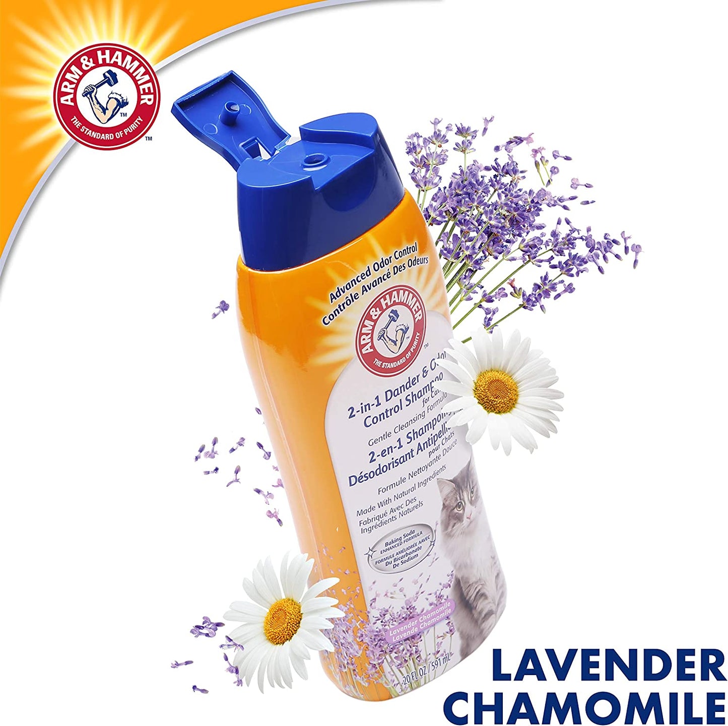 2-In-1 Deodorizing & Dander Reducing Shampoo for Cats, Baking Soda Cat Shampoo for Dander, Odor Control and Coat Cleaning, Lavender Chamomile Scent, 20 Fl Oz