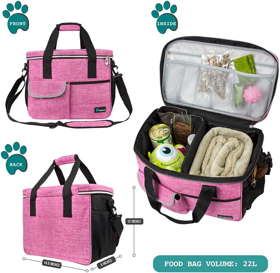 Dog Travel Bag, Travel Pet Bag Organizer, Dog Food Travel Bag with Container Collapsible Bowls, Pet Travel Supplies Gift Accessories for Weekend Camping, Puppy Cat Diaper Bag, Pink Medium