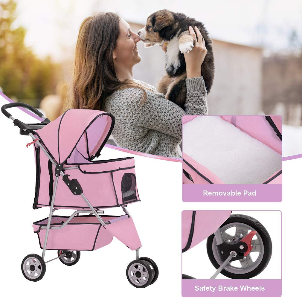 3 Wheels Pet Dog Stroller Cat Cage for Medium Small Dogs Cats Travel Folding Carrier Waterproof Puppy Stroller with Cup Holder & Removable Liner,Pink