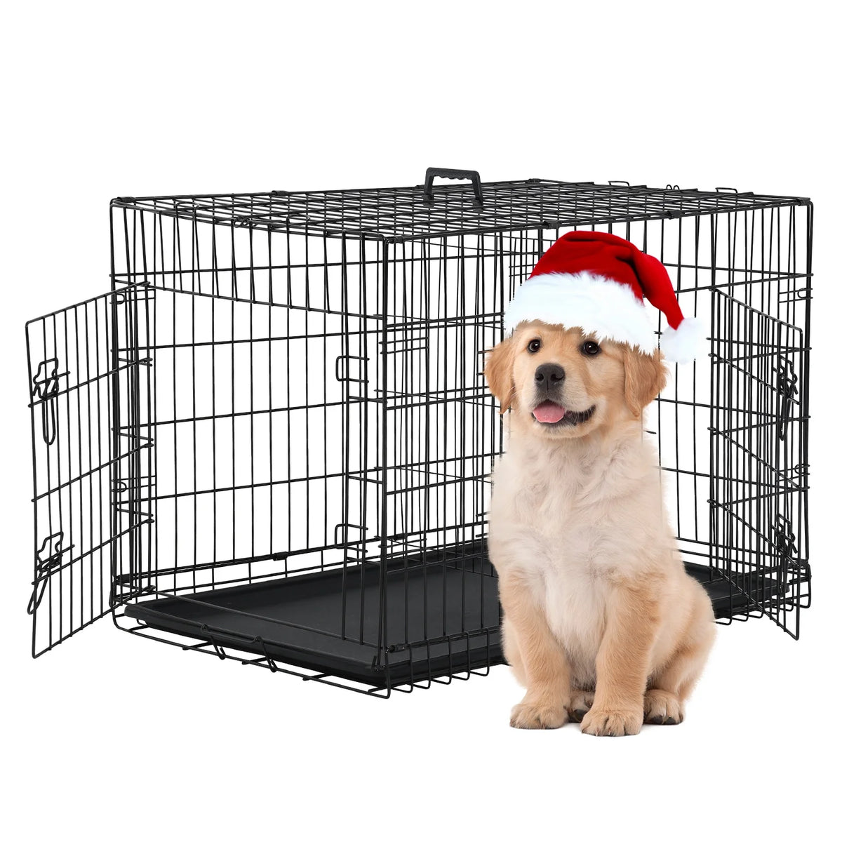 Small Wire Dog Crate, Folding Metal Dog Kennel Double Door Dog Cage with Plastic Tray, Puppy Crate for Small Dog Indoor Outdoor Travel (Black, 24 Inch)