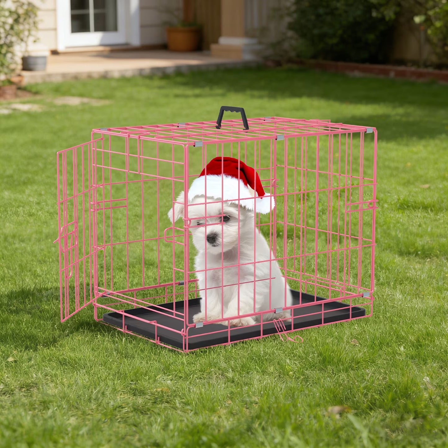 18 Inch Small Dog Crate, Metal Wire Folding Dog Kennel Cage with Leak-Proof Pan, Portable Puppy Crate Cage for Small Dogs, Pink