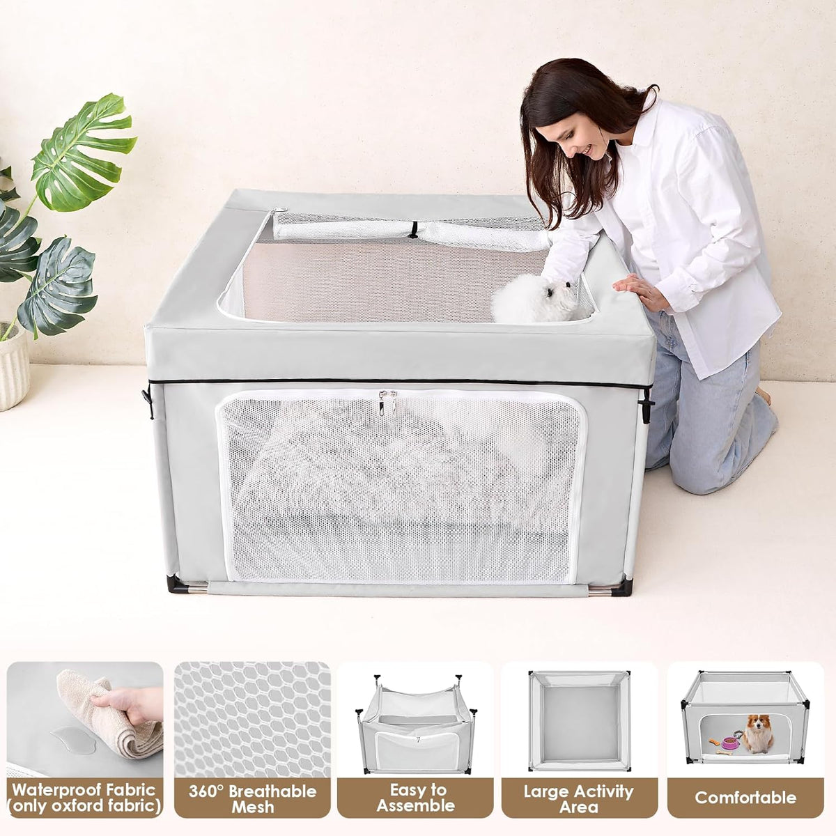 42X42X26 Dog Playpen with Top Cover for Dogs & Cats, Sliver Grey