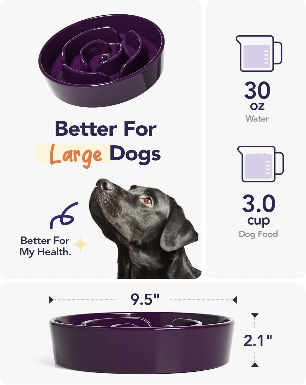 Slow Feeder Dog Bowls Ceramic, 3 Cups Slow Feeding Dog Bowl Medium Large Breed, Pet Bowl for Fast Eaters, Puzzle Pet Dishes, Maze Purple