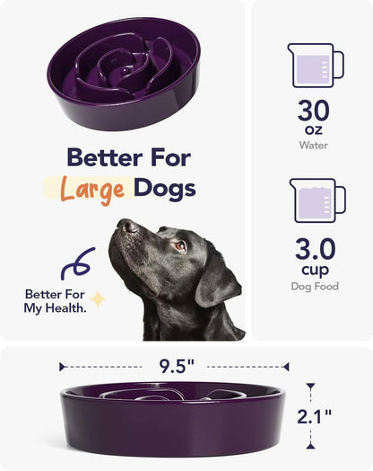 Slow Feeder Dog Bowls Ceramic, 3 Cups Slow Feeding Dog Bowl Medium Large Breed, Pet Bowl for Fast Eaters, Puzzle Pet Dishes, Maze Purple