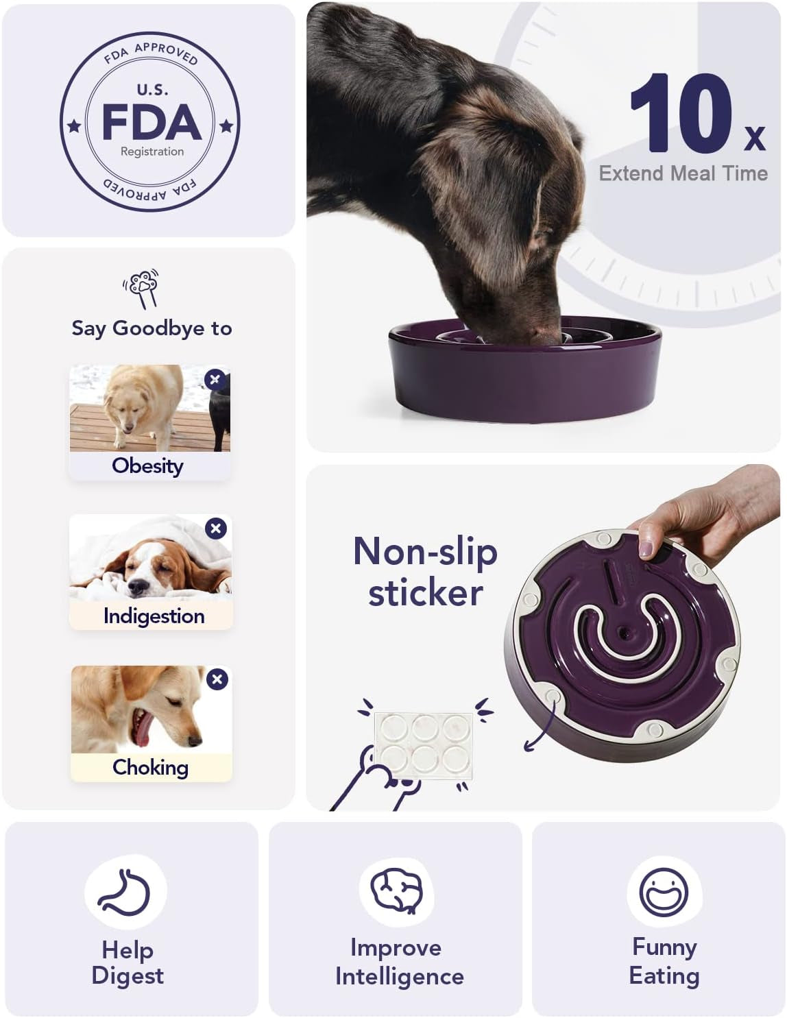 Slow Feeder Dog Bowls Ceramic, 3 Cups Slow Feeding Dog Bowl Medium Large Breed, Pet Bowl for Fast Eaters, Puzzle Pet Dishes, Maze Purple