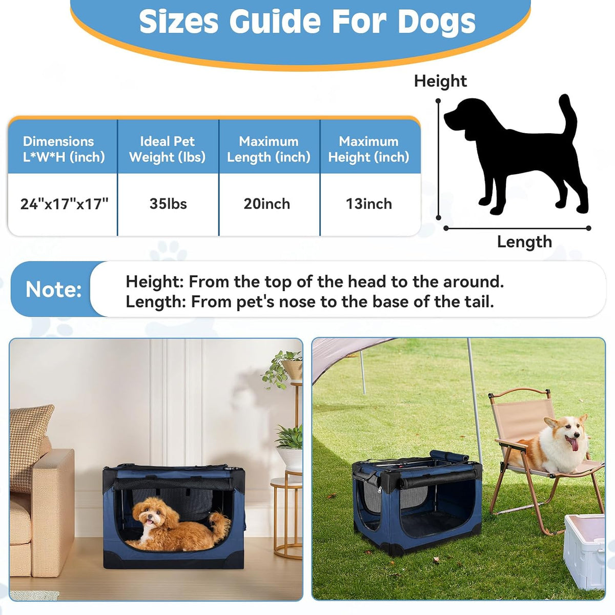 24 Inch Small Dog Crate - for Small Dogs, Portable Travel Pet Crate with 4 Mesh Doors, Foldable Car Kennel for Puppy with Handle for Indoor and Outdoor, Bule