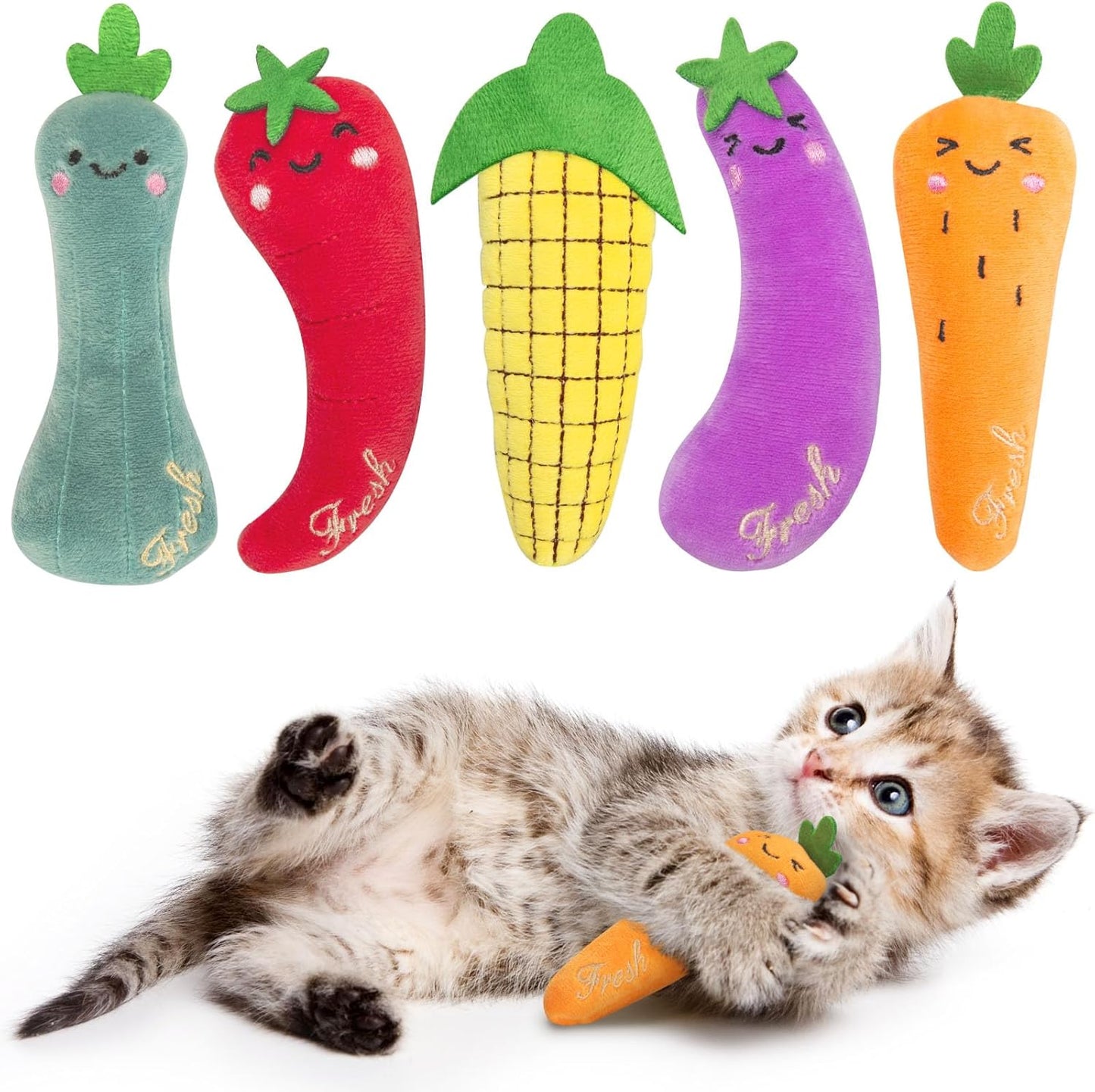 Catnip Cat Toys, 5 Pack, Plush Catnip Toys for Indoor Cats Kitty, Interactive Cat Nip Kitten Kicker Chew Safe Teeth Cleaning Toys, Fun Carrot Vegetable Shape