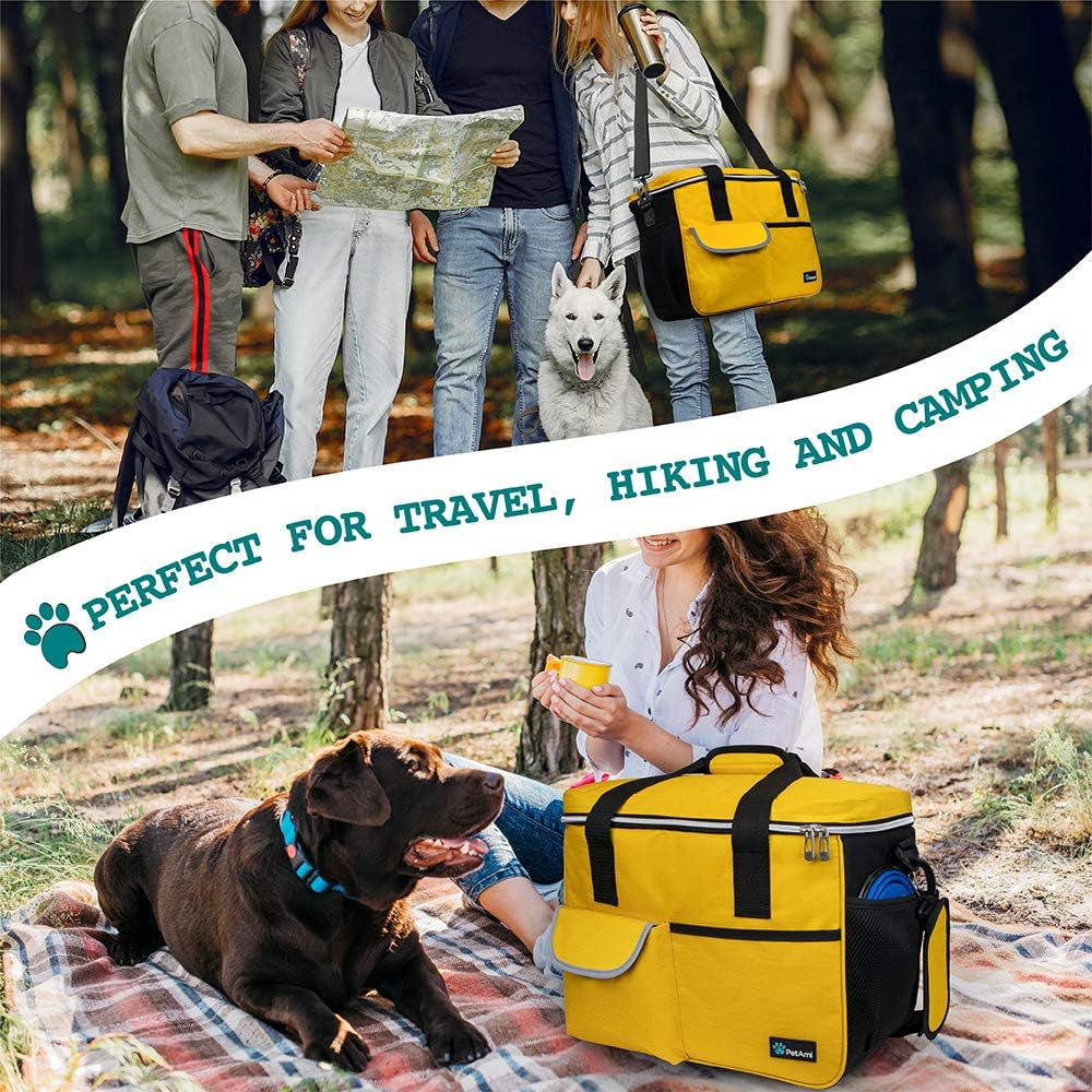 Dog Travel Bag, Travel Pet Bag Organizer, Dog Food Travel Bag with Container Collapsible Bowls, Pet Travel Supplies Gift Accessories for Weekend Camping, Puppy Cat Diaper Bag, Yellow Medium