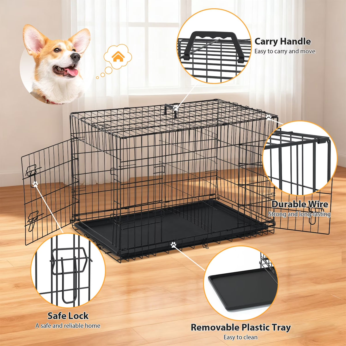 Small Wire Dog Crate, Folding Metal Dog Kennel Double Door Dog Cage with Plastic Tray, Puppy Crate for Small Dog Indoor Outdoor Travel (Black, 24 Inch)