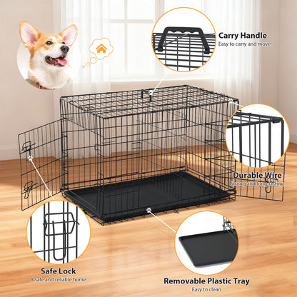 Small Wire Dog Crate, Folding Metal Dog Kennel Double Door Dog Cage with Plastic Tray, Puppy Crate for Small Dog Indoor Outdoor Travel (Black, 24 Inch)