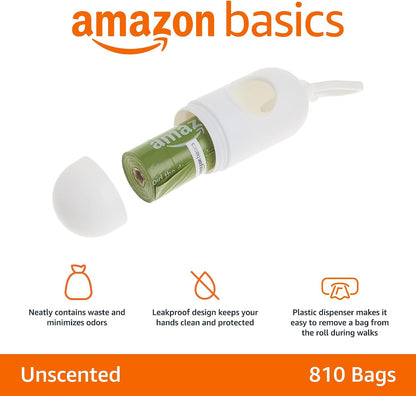 Premium Leak Proof Dog Poop Bags with Dispenser and Leash Clip, Unscented, 13" X 9", 810 Count (54 Rolls of 15)