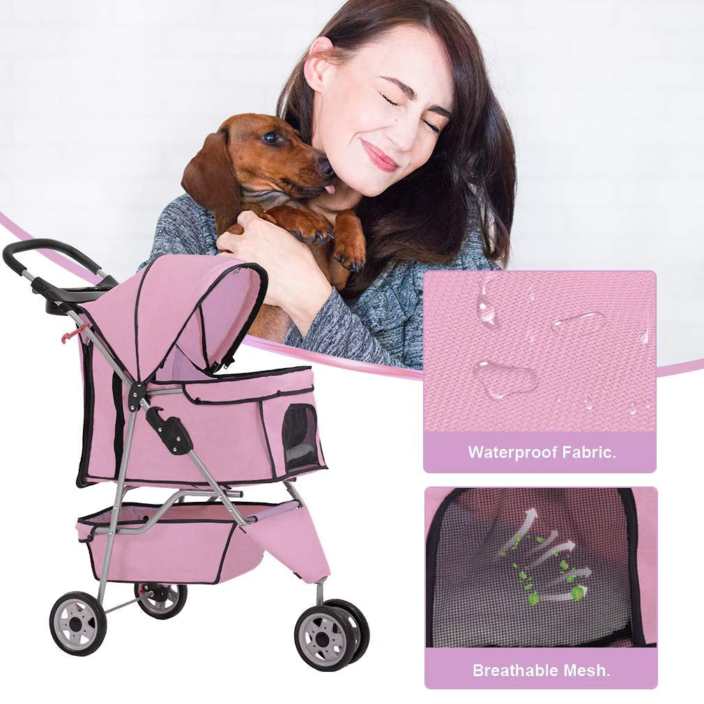 3 Wheels Pet Dog Stroller Cat Cage for Medium Small Dogs Cats Travel Folding Carrier Waterproof Puppy Stroller with Cup Holder & Removable Liner,Pink