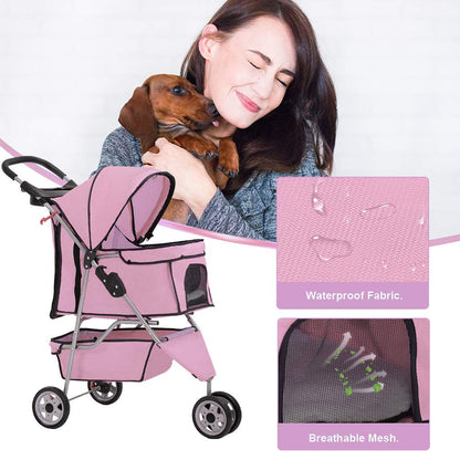 3 Wheels Pet Dog Stroller Cat Cage for Medium Small Dogs Cats Travel Folding Carrier Waterproof Puppy Stroller with Cup Holder & Removable Liner,Pink