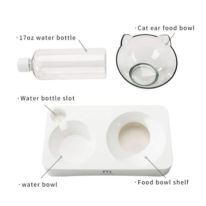 Tilted Raised Cat Food Bowl and Gravity Water Bottle, Elevated Cat Dish with Non-Slip Feeding Mat for Cats Kitten