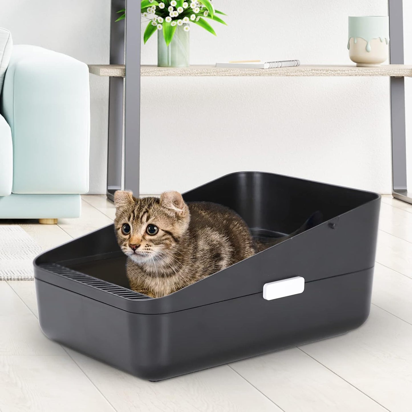 Premium Black Open-Top Cat Litter Box – High Sides, Sifting Design, Leak-Proof & Odor-Reducing, Easy-Clean Removable Liner for Cats up to 8 lbs