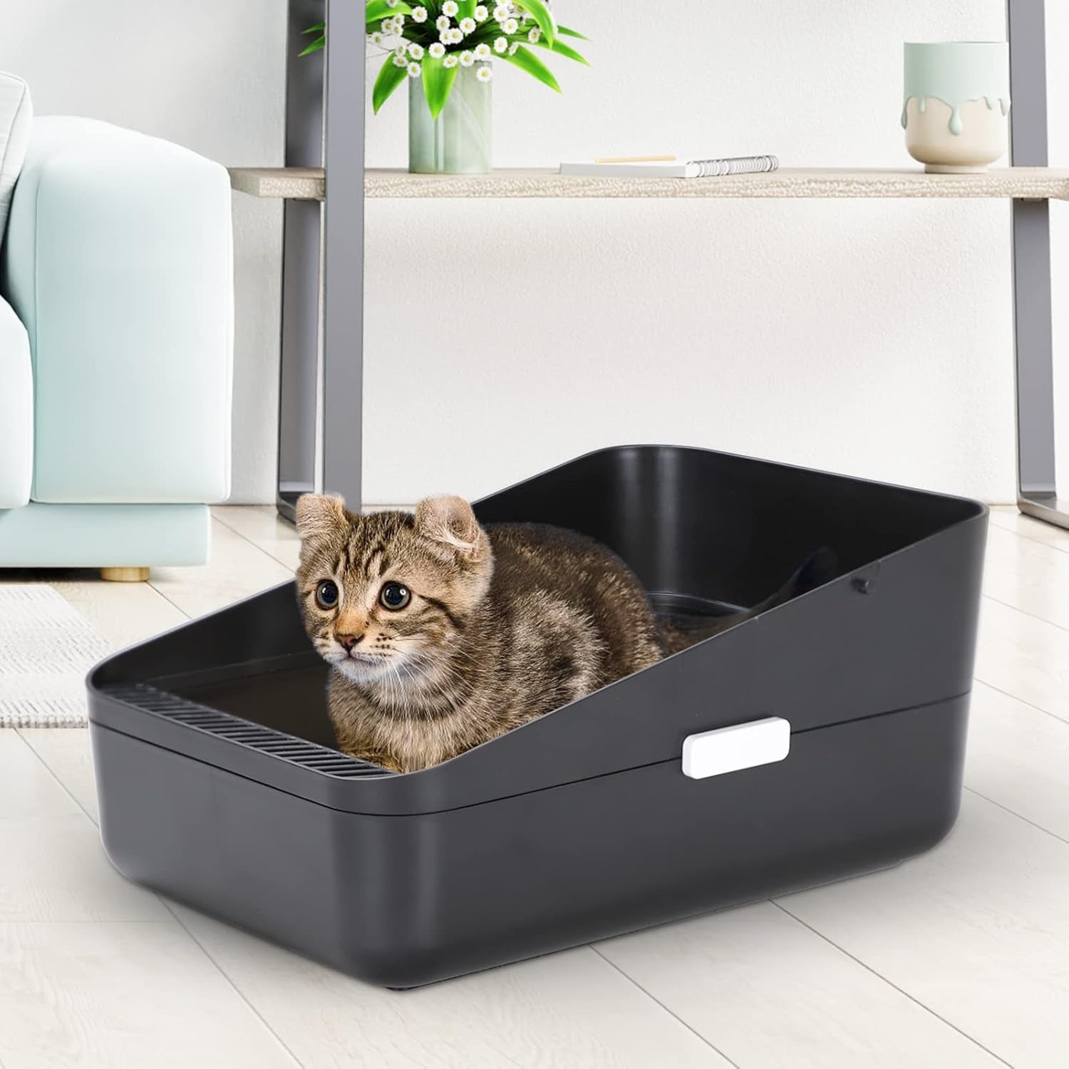 Premium Black Open-Top Cat Litter Box – High Sides, Sifting Design, Leak-Proof & Odor-Reducing, Easy-Clean Removable Liner for Cats up to 8 lbs