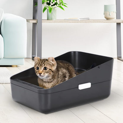 Premium Black Open-Top Cat Litter Box – High Sides, Sifting Design, Leak-Proof & Odor-Reducing, Easy-Clean Removable Liner for Cats up to 8 lbs