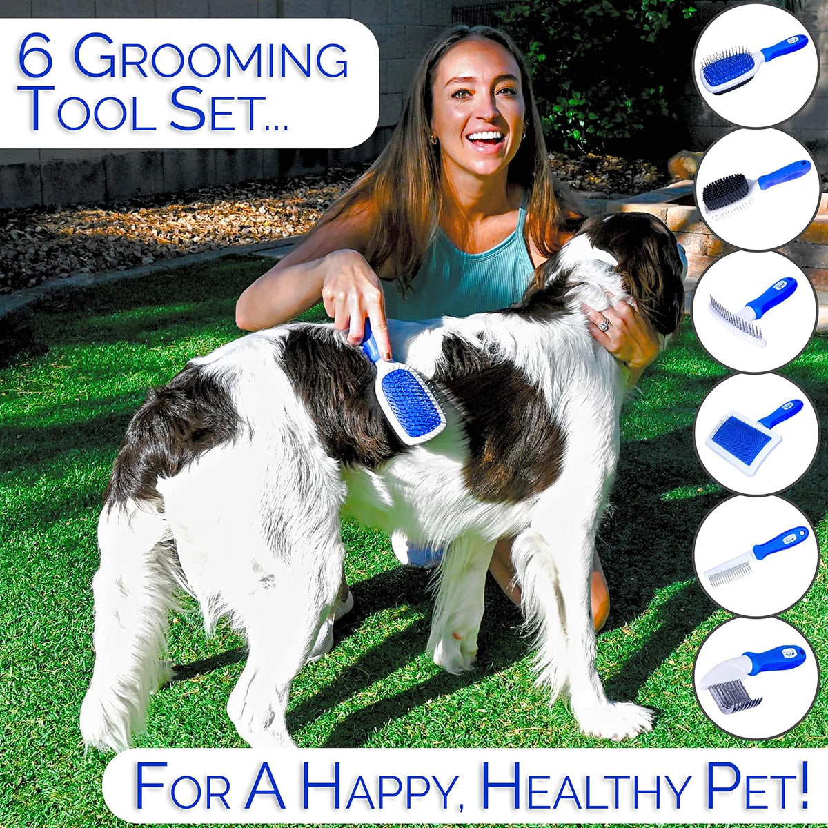 6 in 1 Premium Dog Brush Set - Dog Grooming Brushes - Ball Pin & Bristle Brush, Curved Blade Dematting Comb, Slicker Brush, Deshedding Edge Comb, Detangling Pet Comb