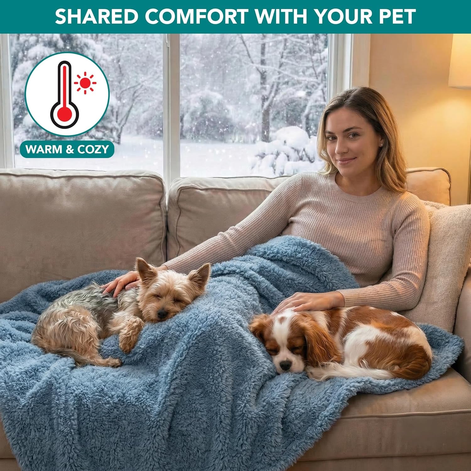 Fluffy Waterproof Dog Blanket for Couch and Bed, Reversible Sherpa Pet Throw, Pee Proof Furniture Protector Sofa Cover, Washable Cat Blanket for Small Medium Dogs and Cats (Dusty Blue, 29X40)