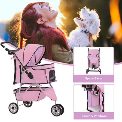3 Wheels Pet Dog Stroller Cat Cage for Medium Small Dogs Cats Travel Folding Carrier Waterproof Puppy Stroller with Cup Holder & Removable Liner,Pink