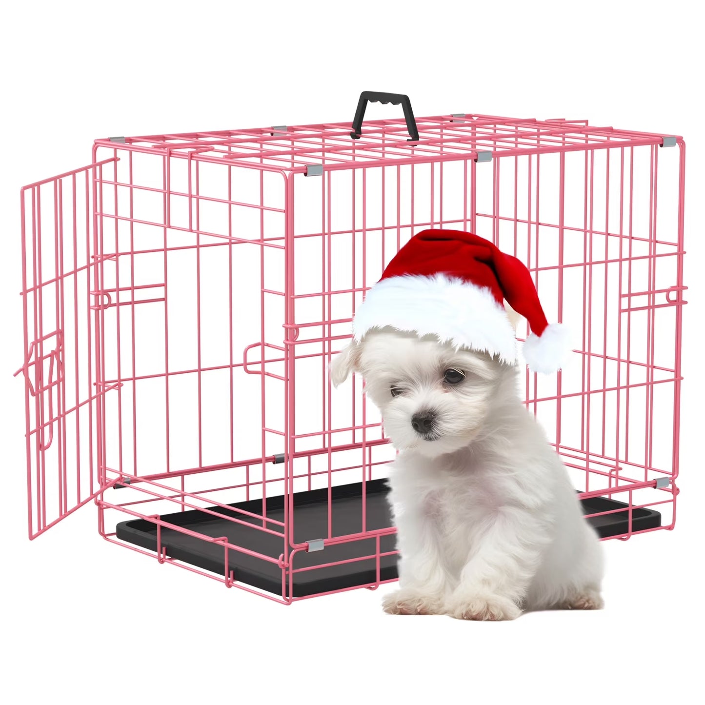 18 Inch Small Dog Crate, Metal Wire Folding Dog Kennel Cage with Leak-Proof Pan, Portable Puppy Crate Cage for Small Dogs, Pink