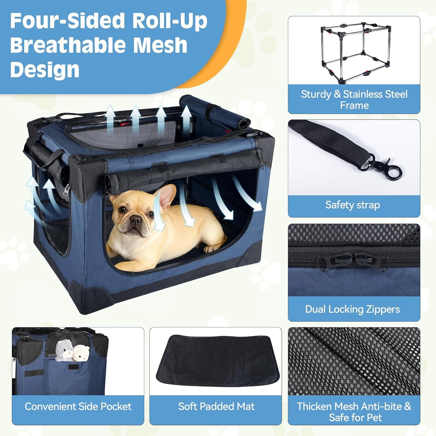 24 Inch Small Dog Crate - for Small Dogs, Portable Travel Pet Crate with 4 Mesh Doors, Foldable Car Kennel for Puppy with Handle for Indoor and Outdoor, Bule